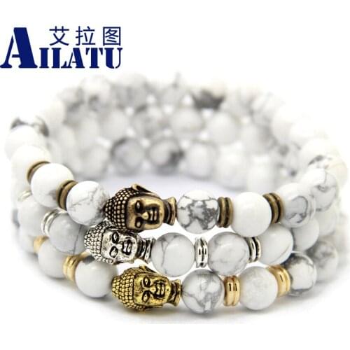 Ailatu Wholesale New Design Men Jewelry 8mm Natural White Howlite Stone Beads Antique BronzeColor Buddha Yoga Bracelet