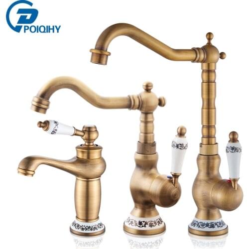 POIQIHY Antique Brass Bathroom Faucet 360 Swivel Basin Sink Mixer Tap Crane Bathroom Kitchen Washing Faucet Home Improvement