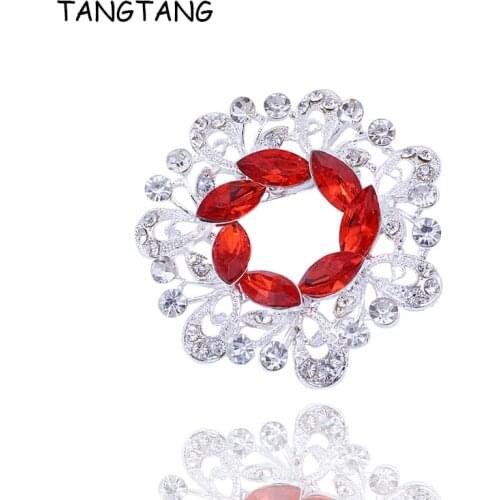 Fashion Elegant Wreath Flower Brooch Pin For Female Crystal Round Silver Plated Red Crystal Rhinestone Jewelry, Item NO.: BH7568