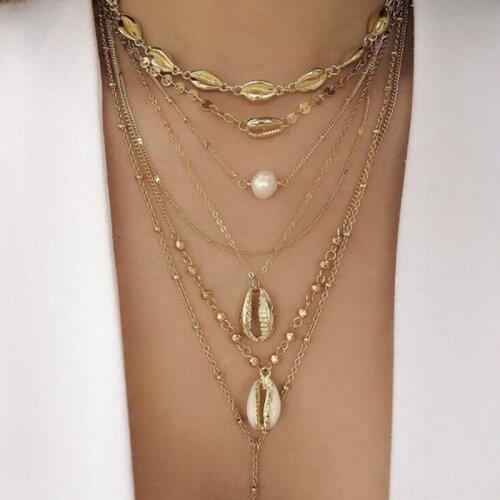 Tocona Punk Chain Gold Color Beach Shell Conch Pearl Beads Multistorey Pendant Necklace For Women Boho Party Jewelry C19208