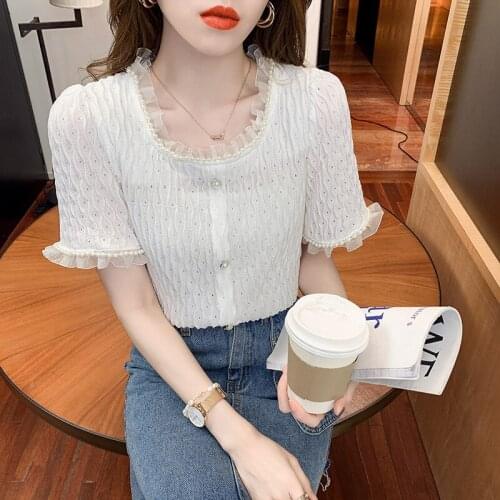 Summer T Shirt Women 2021 New Simple Quiet Agaric Edge hubble-bubble Sleeve Chiffon Shirt T-shirt Female Tee Tshirts SZH956935
