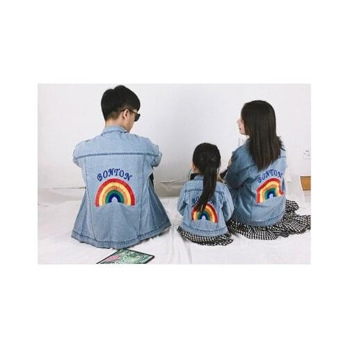 Patchwork Rainbow Embroidery Baby Girl Boy Women Man Danim Jacket Jeans Coat Father Mother Daughter Son Family Matching Outfits
