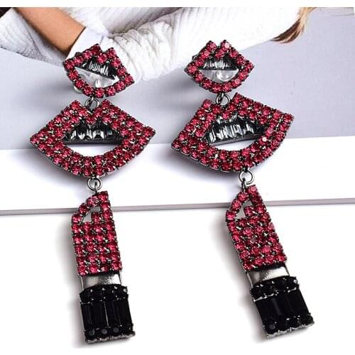New Fashion Women Long Dangle Earring Vintage Rhinestone Lips Shaped Drop Earrings Statement Jewelry Accessories Gifts