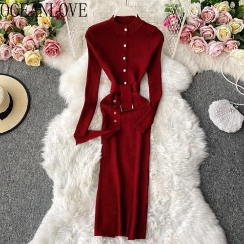 OCEANLOVE Knitted Women Dresses Solid Sashes Bandage Solid Vintage Long Dress 2021 Autumn Winter Vestidos Bodycon Slim 18882