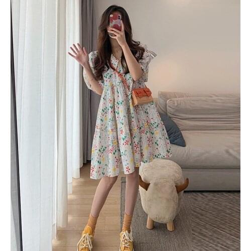 2021 New Summer Fashion Ladies Dress Loose High Quality Women Dresses Puff Sleeve Print Casual Elegant Female Dress T302