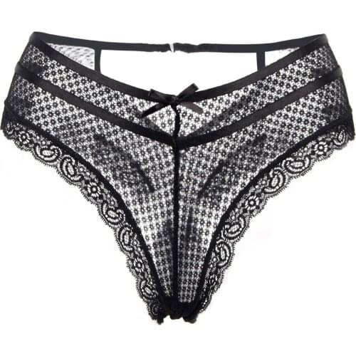 Plus Size Sexy Womens Underwear Lace Transparent Briefs High Waist Bow Thong Underpant Soild Hollow Out Panties Трусики Женские