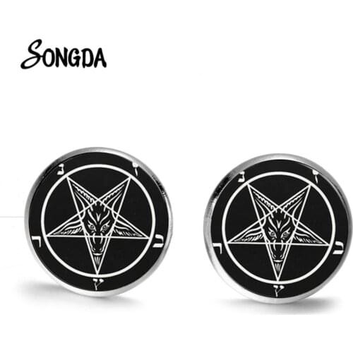 Punk Gothic Inverted Pentagram Earrings 2019 Satanism Red Goat Head Patterns Glass Round Ear Studs for Men Women Jewelry