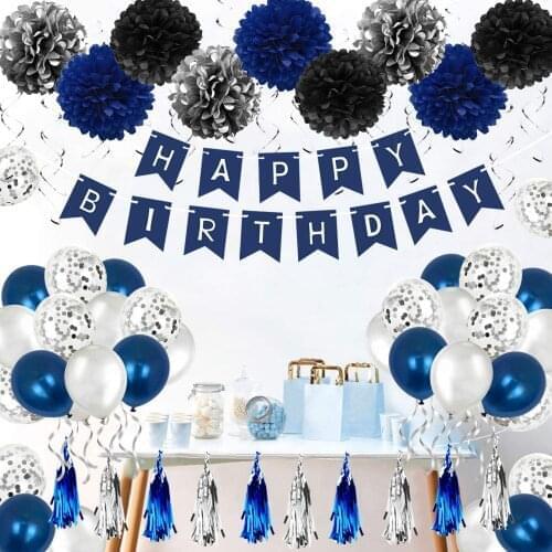 Navy blue birthday decoration people balloon included Happy birthday banner blue silver confetti balloon paper pompons