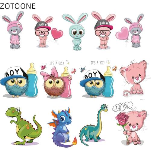 Cartoon Animal Patch Iron on Transfer Cute Owl Rabbit Dinosaur Cat Patches for Kids Clothes Applique Heat Transfer Vinyl Sticker