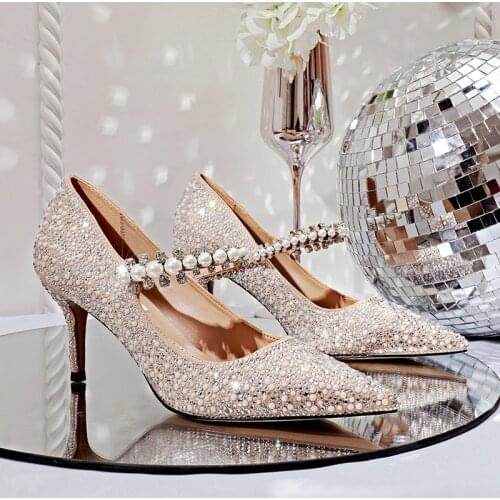 Hot Womens Rhinestone Pointed High Heels Female Bridesmaid Rhinestone Pumps Crystal Pearl Retro Wedding Shoes