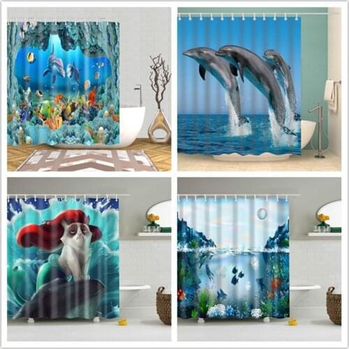 Animals Dolphin and Sea Fish Shower Curtains Window Bathroom Curtain Frabic Waterproof Polyester Bath Curtain With Hooks