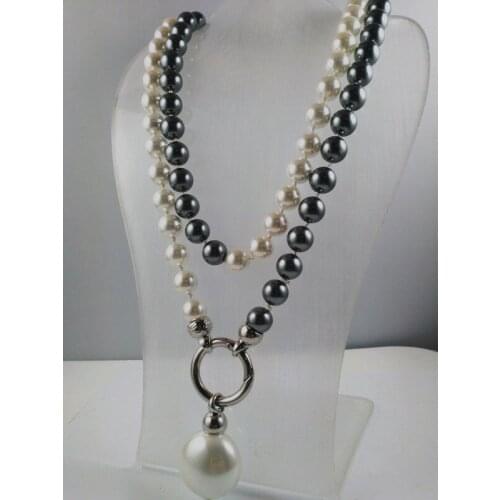 Hand knotted wedding white black 10mm south sea shell pearl necklace long 90cm fashion jewelry