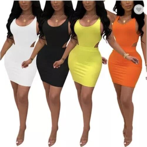 Summer New Casual Personality Womens Wear White Black Yellow Orange Collar Sleeveless Tights Mini-Skirt 2 Sets