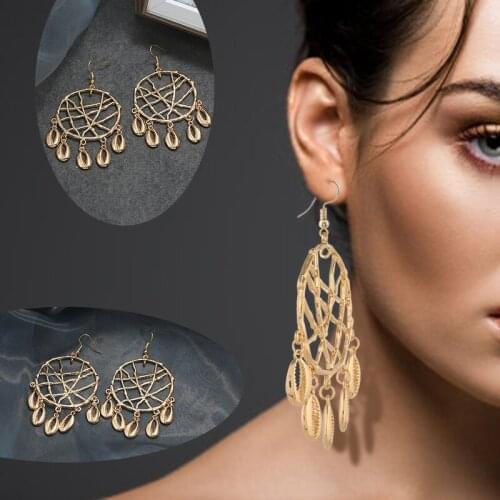 Bohemia Sea Shell Earrings For Women Gold Round circle dream catcher Drop Shell Earrings Summer Beach Ladies Fashion Jewelry