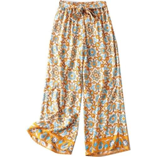 2020 Bohemian Paisley Flower Print Wide Leg Pants Hippie Woman Holiday Elastic Waist Bow Full Length Trousers Femme Casual Pants