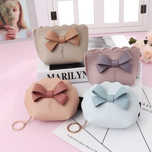 Bowknot PU Womens Portable Small Things Save Face Mask Storage Organizer Zip Coin Purse Kids Mini Key Card Wallet Keychain