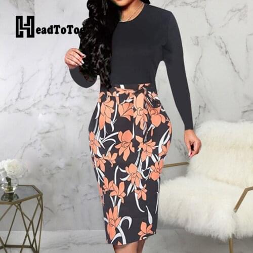 Floral Print Patchworked Long Sleeve Bodycon Dress Women Tied Waist Sheath Casual Midi Dress