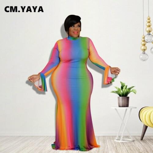 CM.YAYA Women Plus Size Dress Gradient Color Full Sleeve Half High Collar Stretchy Long Maxi Dresses Fashion Outfit Summer 2021
