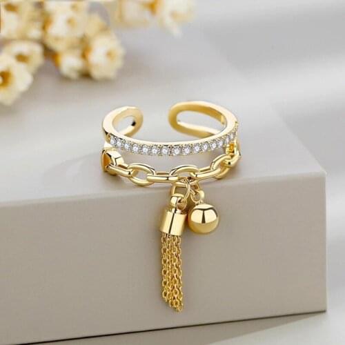 Link Chain Tassel Ring Zirconia with Spike Pendant Charm Finger Ring for Women Opening Adjustable Ring Jewelry Gifts
