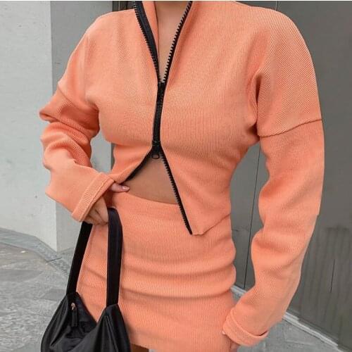 2020 Autumn Women Sexy Clothing Set Solid Collar Long Sleeve Zipper High Collar Jacket Top + Lady Warm Knitted Slim Mini Skirt