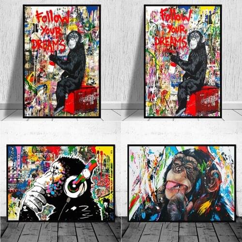 Banksy Follow Your Dreams Street Wall Graffiti Art Canvas Paintings Abstract Art Monkeys Prints for Kids Room Decoration