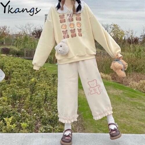 Women Ruffles Harajuku Korean Fashion Casual Cartoon Wide Leg Trousers Streetwear Baggy Aesthetic Joggers White High Waist Pant