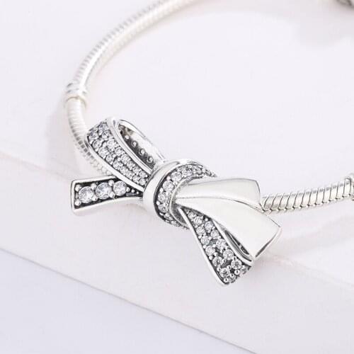 For Pandora 925 Sterling Silver Brilliant Bow Charm CZ Paved Butterfly Bow Cute Charms Beads For Women DIY Jewelry Making