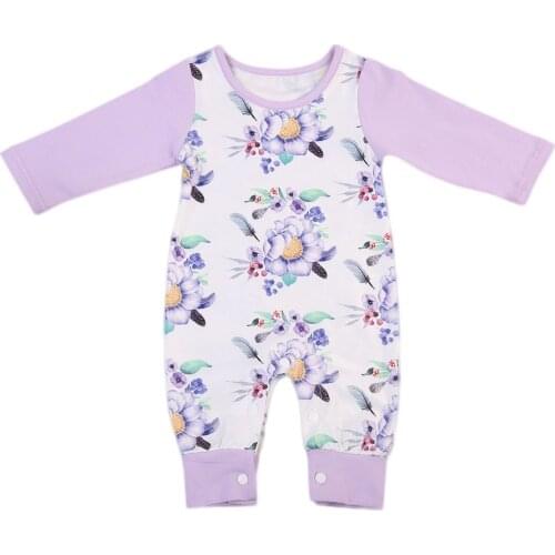 Infant Newborn Baby Girls Purple flowers Print Long Jumpsuit Romper Cotton Clothes Outfit