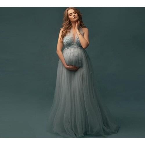Elegant Lingt Blue Tulle 3D Flowers Maternity Dress Halter Sleeveless Floeal Maternity Gowns To Photography Baby Shower Dresses