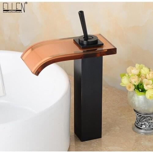 ELLEN Waterfall Bathroom Faucets Deck Mounted Tall Water Mixer Glass Spout Basin Sink Faucet Oil Rubble Bronze Black Tap