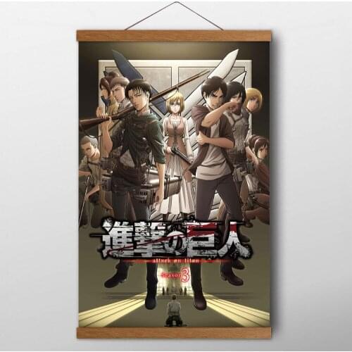 Solid Wood Scrolls Painting Attack on Titan Anime Posters and Prints Canvas Silk Wall Art For Living Room Decor