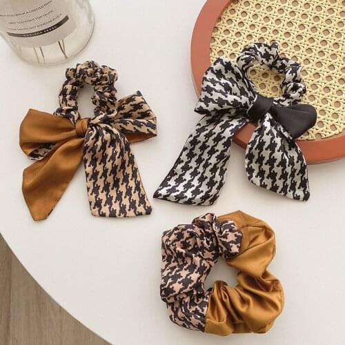 Miss FoUrSy Cute Houndstooth Bow Ribbon Headband Korean Retro Bow Hair Scarf Scrunchies Elastic Ties for Women