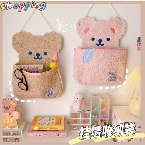 Cute Bear Plush Wall Mounted Storage Bag Notebook Pens Stationery Desktop Organizer Home Wall Pouch Decoration Hanging Organizer