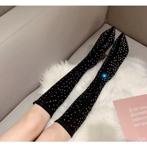 Autumn and Winter Pointed-Toe Fashion High Heel Boots Womens Thin Heeled Crystal Elastic Boots Ultra-High Heel Socks Boots