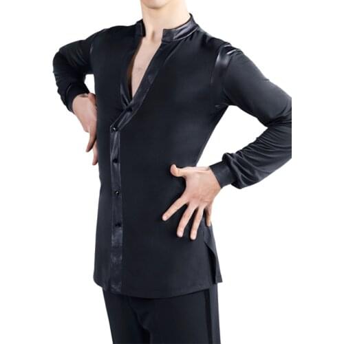 MenS Latin Dance Tops Black V-Neck Cha Cha Salsa Ballroom Performance Wear Samba Competition Long Sleeve Shirt Male DNV13903