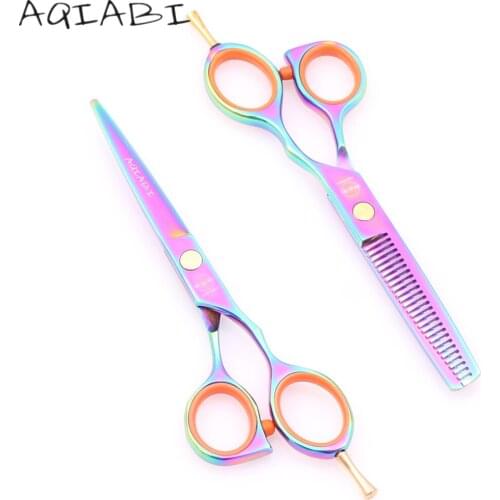 Hair Scissors 1014A 5.5" AQIABI 440C Multi-color Barber Shop Cutting Scissors Thinning Shears Hairdressers Scissors Finger Rest