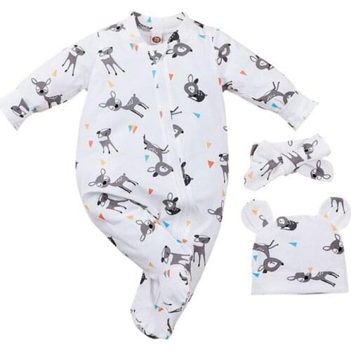 Autumn Newborn Cute Baby Long Sleeve Cartoon Animal Print Girls Boys Jumpsuit Hat Headband Kids Instagramable Outfits Set