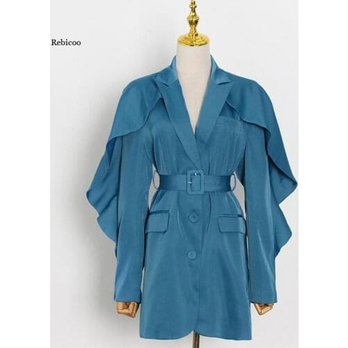 Blazers for Women Notched Ruffled Sleeve Ruched High Waist Sashes Elegant Coats Female Spring Autumn Clothes New