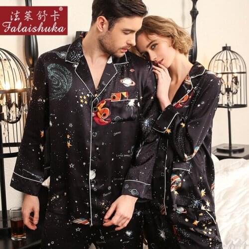 Elegance starry sky 100% natural silk pajamas sets women sexy black lovers 100% genuine silk noble pyjamas women sleepwear