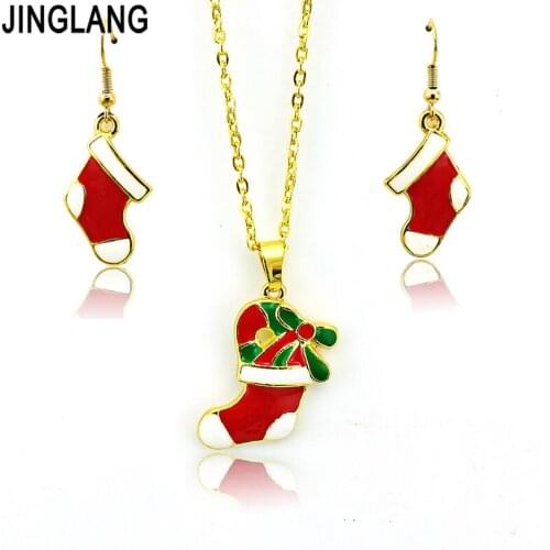 Christmas Jewelry Sets Fashion Red Enamel Christmas Stockings Gold Color Earrings & Necklace For Women Jewelry