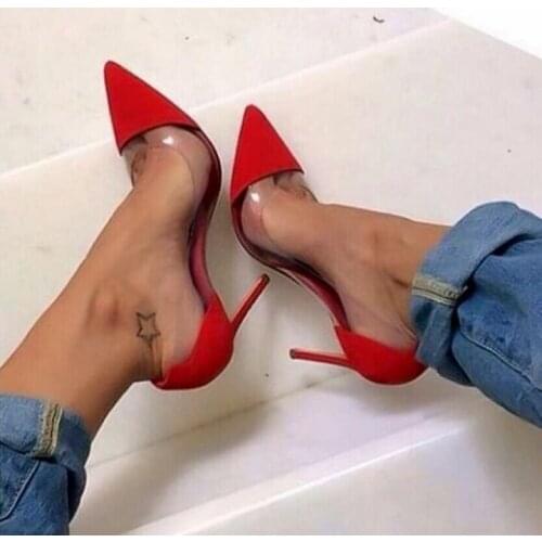 Sexy Woman Heels High Red Suede Pointed Toe Shoes Pumps PVC Transparent Women Shallow Pumps Office Stiletto Heels Ladies Shoes