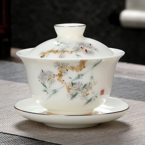 Sheep Fat Jade Tea Tureen Chinese Tea Set Gaiwan Handpainted Pine Tea Cup and Saucer Set High-end Gift Tea Bowl