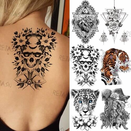 Black Skull Flower Temporary Tattoos For Women Adult Realistic Fake Geometric Tiger Samurai Fake Tatoo Back Large Tattoo Sticker