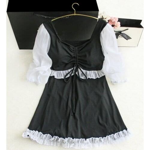 STAERK conservative Skirt Black Retro bubble sleeves cover the belly show thin cover the meat, small chest student swimsuit