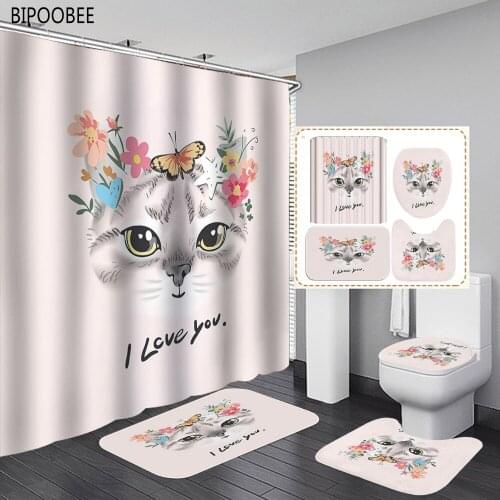 Cute Cat Pink Print Bathroom Shower Curtain Butterfly Flowers Fabric Bath Curtains Lid Toilet Cover Non-slip Mats Carpet