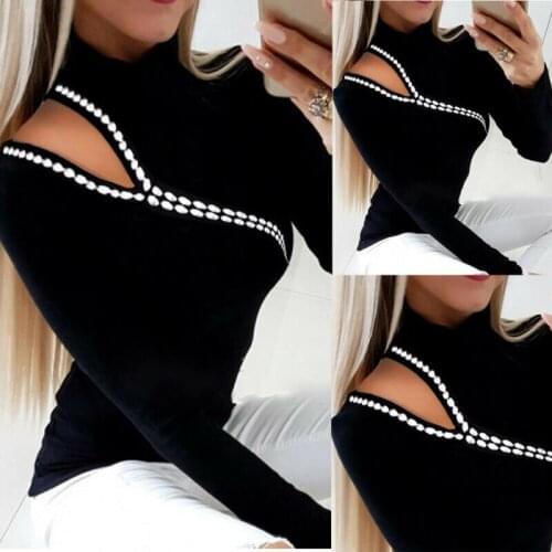 2020 Womens t shirts black white patchwork tops Fashion Long Sleeve hollow out Clothing New Fashion Tops Elegant Slim Ladies