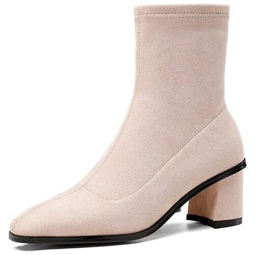 Womens shoes Small square head short boots new breathable boot autumn and winter leather velvet Martin versatile elastic shoell