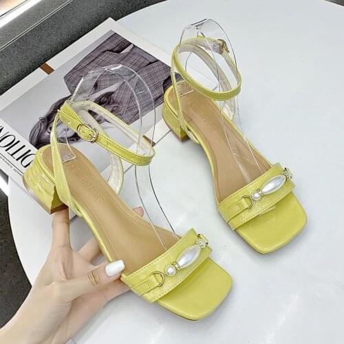 Sexy 2021 Summer Sandals Shoes Woman Square High Heels Ankle Strap Office Ladies Casual Party Pumps Pearl Zapatos De Mujer Tacon
