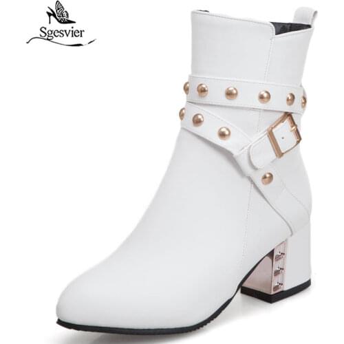 Sgesvier Fashion Buckle Rivet Block High Heel Boots Woman Yellow White Black Women Shoes Winter Ankle Boots 2019 Footwear Bootie