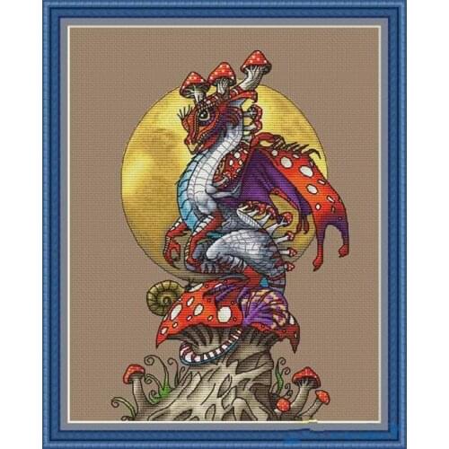 Gold Collection Beautiful Counted Cross Stitch Kit Mushroom Red Dragon and Moon Eastern God Monster